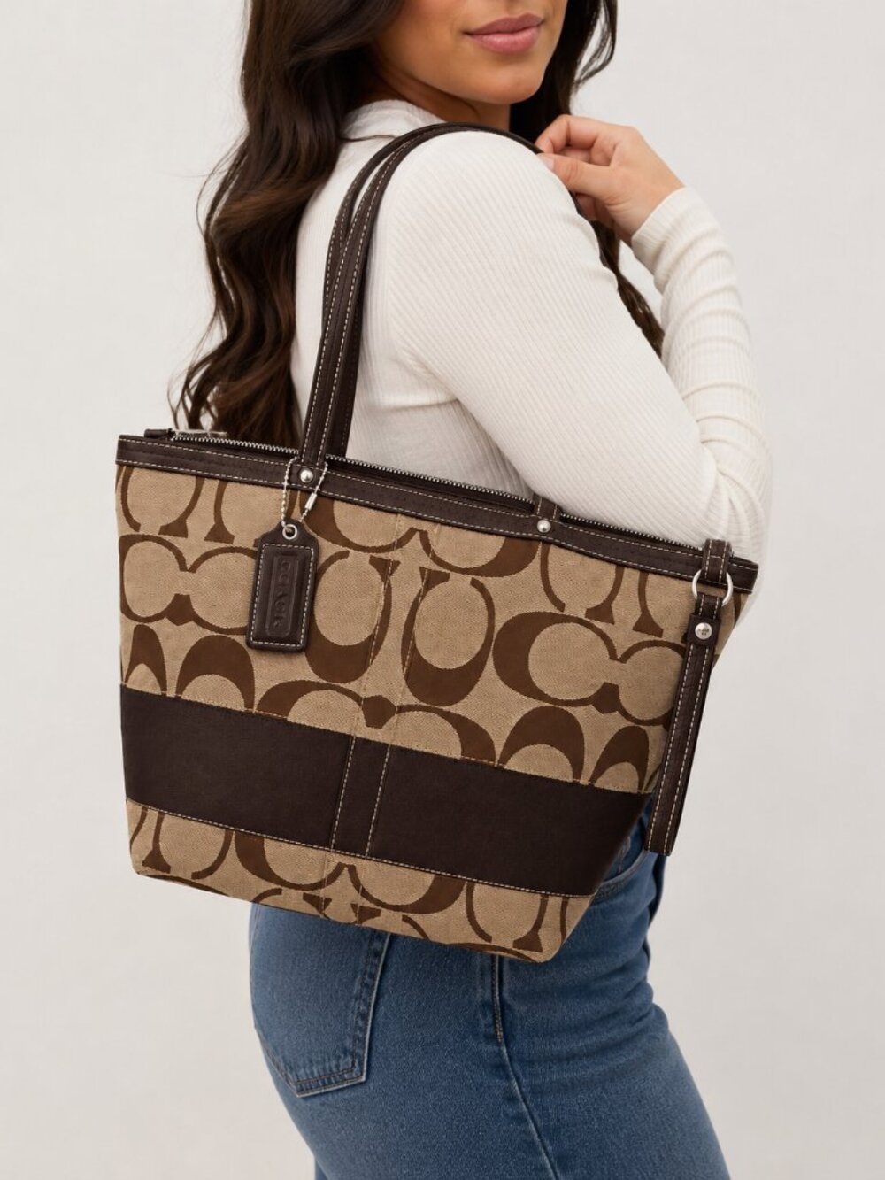 Coach F13548 Signature Stripe Tote Brown Khaki Jacquard Leather Shoulder Bag